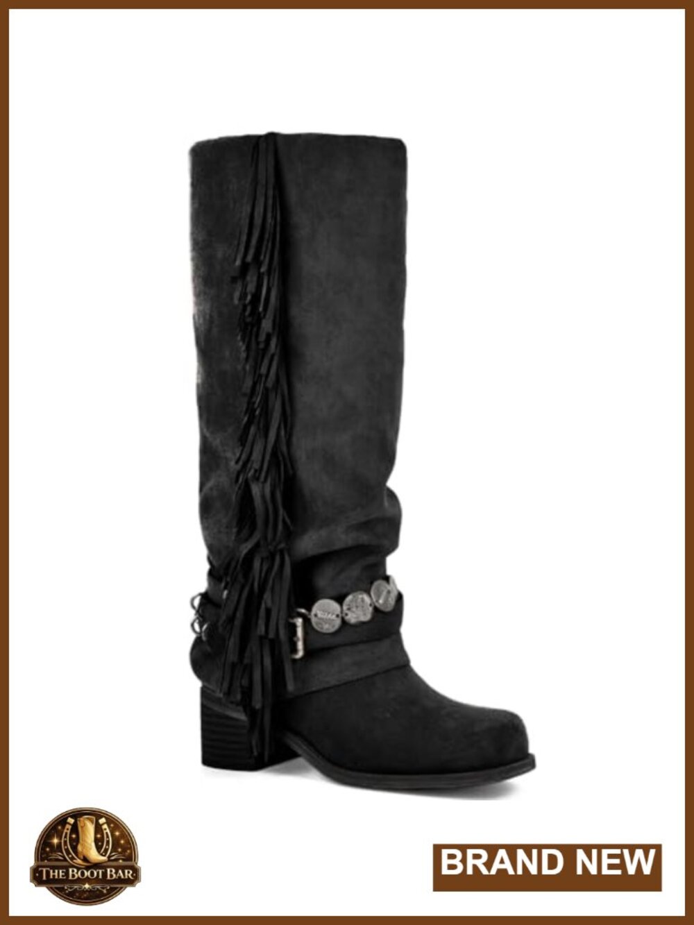 Knee High Riding Boots Fringe Buckle Straps Chunky Heel Square Toe Fold-Over